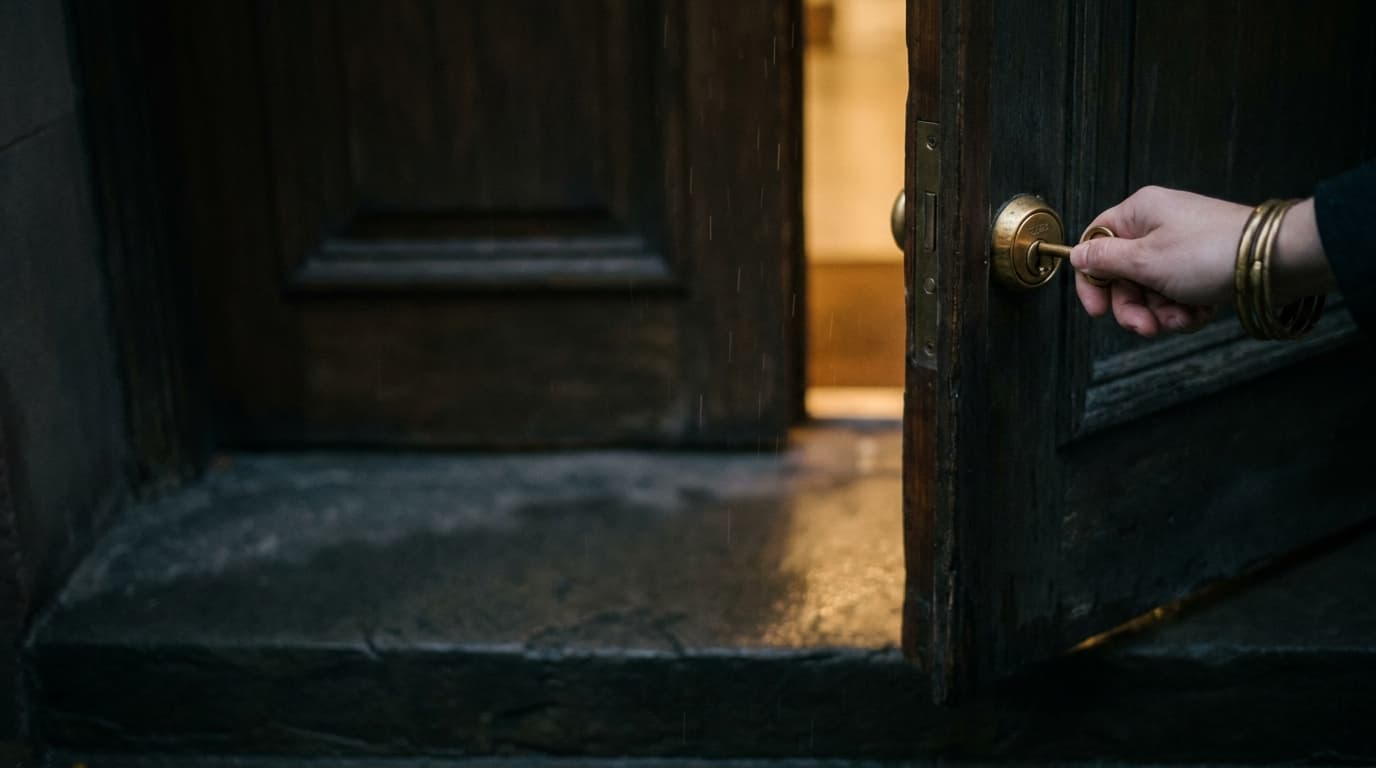 Warm beleuchtete Haustür bei Dämmerung in Karlsruhe, eine Hand führt einen Messing-Schlüssel ins Schloss