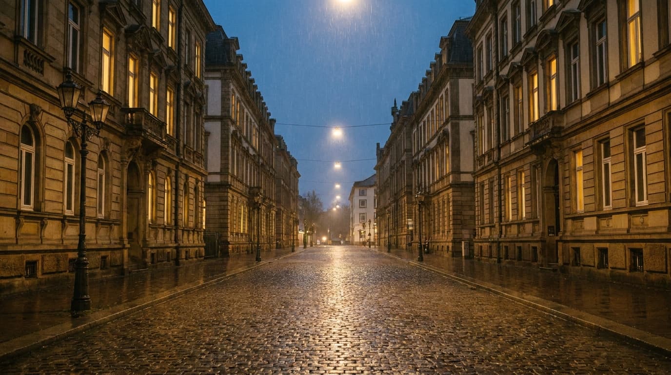 Ruhige Karlsruher Straße bei Dämmerung mit warm erleuchteten Fenstern