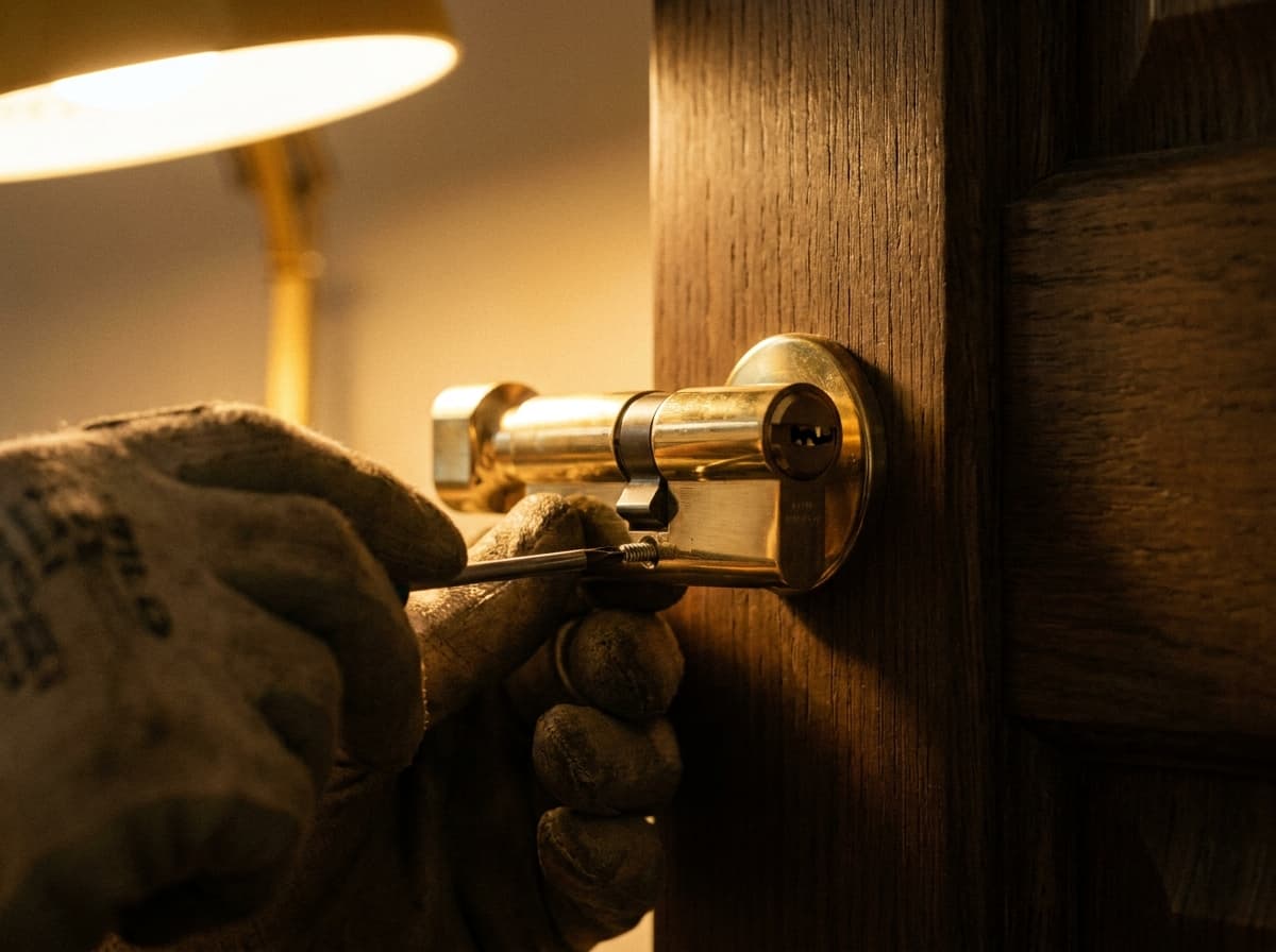 Austausch eines Schließzylinders – ein neuer Messing-Profilzylinder wird in eine Tür eingebaut